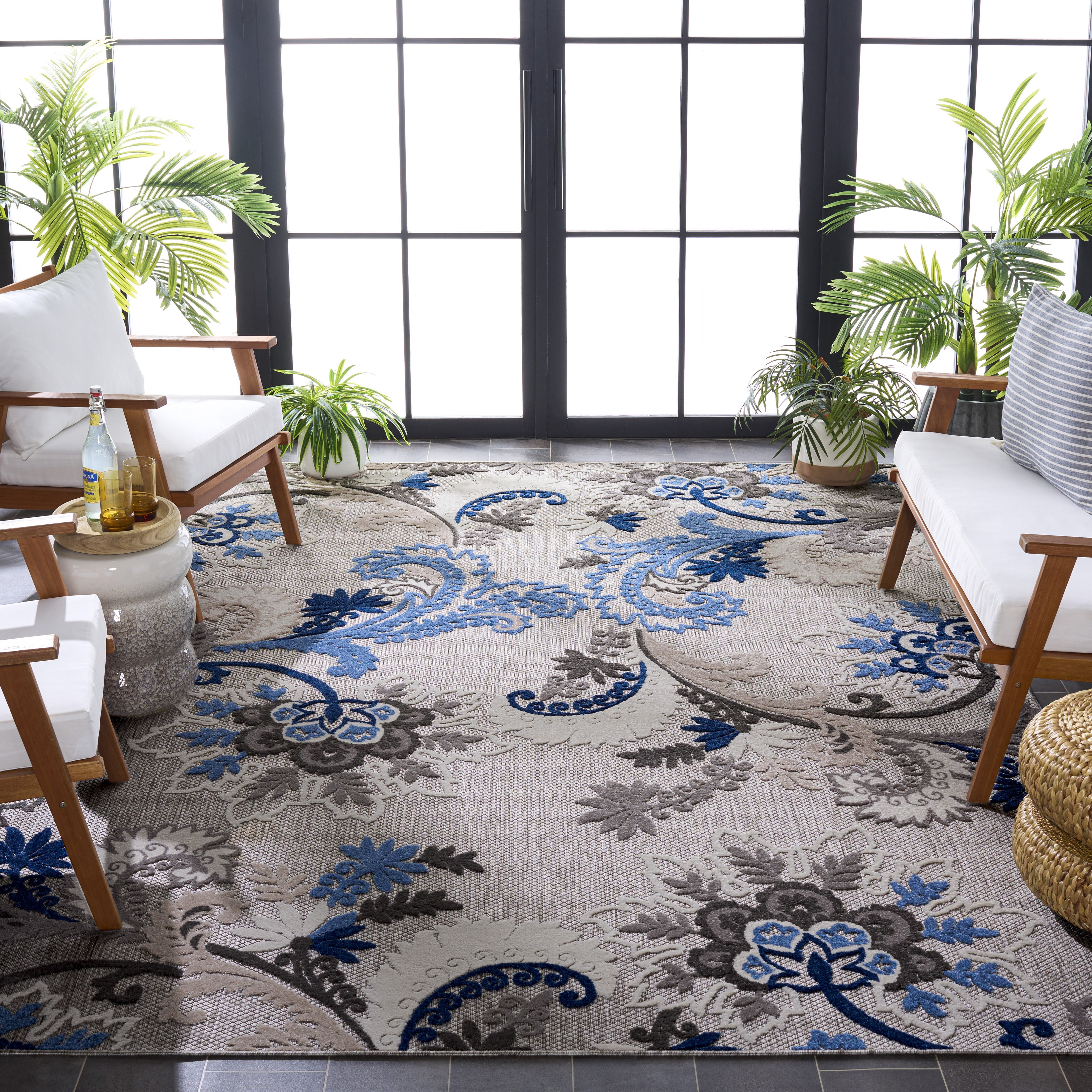 SAFAVIEH Cabana Lowell Floral Indoor/Outdoor Area Rug, Grey/Blue, 8' x 10'