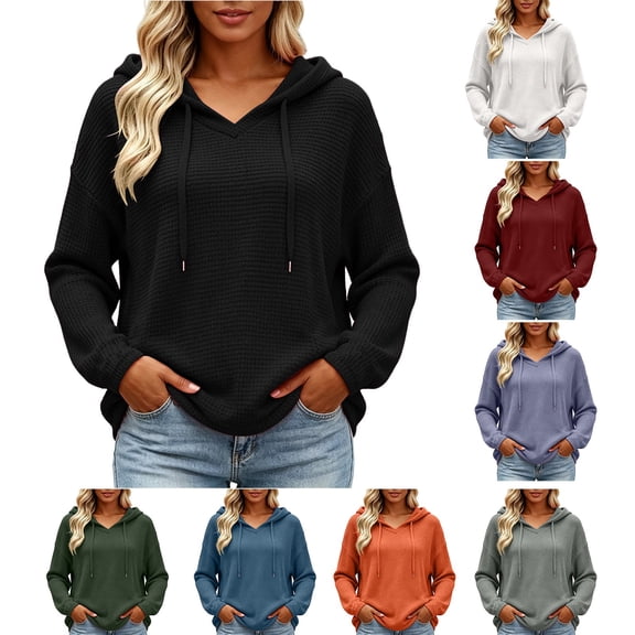 CaComMARK PI Women's Hoodies V Neck Drawstring Hooded Sweatshirt Loose Fit Casual Textured Long Sleeve Pullover Tops White