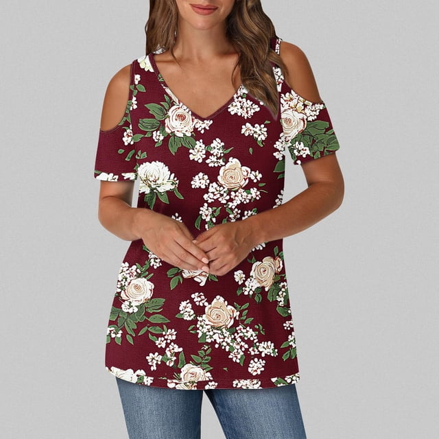 Soki Blouses à Épaules Dénudées pour Femmes en Liquidation Manches Courtes Col en V Tops à la Mode