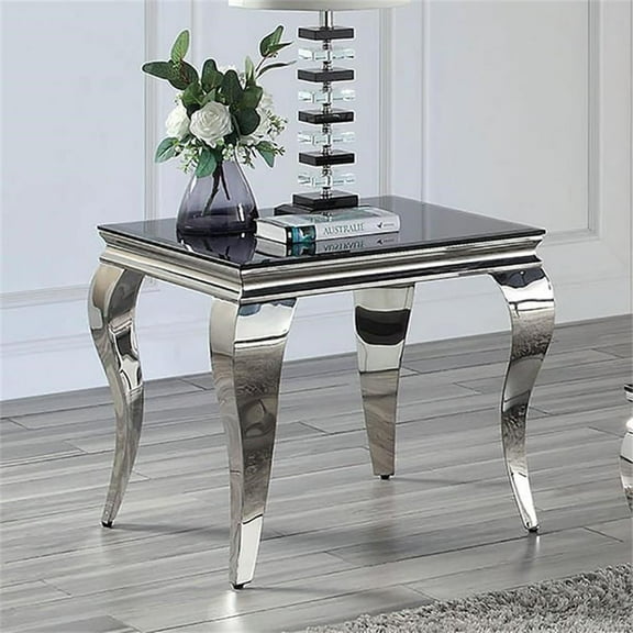Bowery Hill Glam Glass Top End Table in Black and Silver Finish