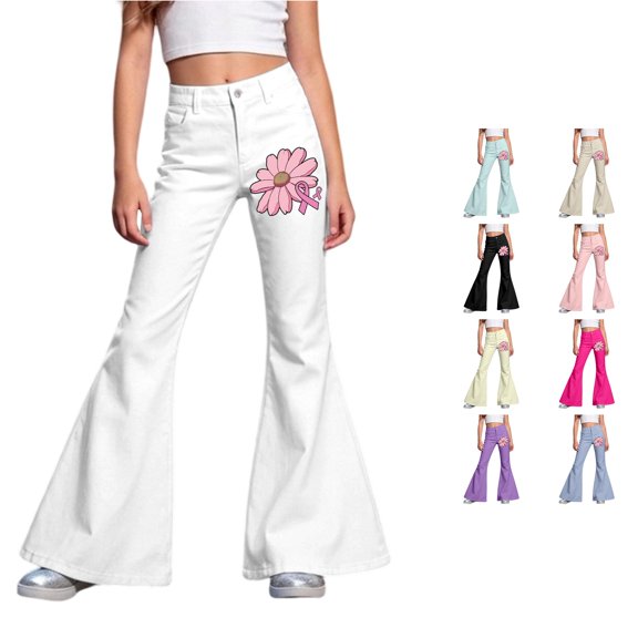 NinXxx Girls Monthly Flared Pants School Supplies Lightweight Casual Trousers White 9-10 Years