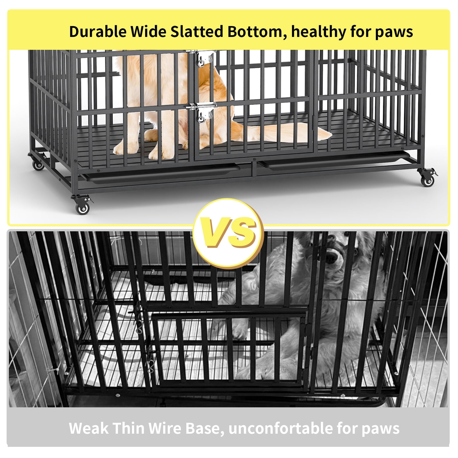 52 Inch Heavy Duty Dog Crate Extra Large Dog Cage Kennel, Indestructible XXL Dog Crate with Roof Top, Trays and Wheels, Escape Proof for High Anxiety Giant Dogs
