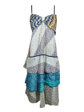 Mogul Women White,Blue Floral Dress Vintage Layered Spaghetti Strap Boho chic Recycled Sari Printed Holiday Sundress SM