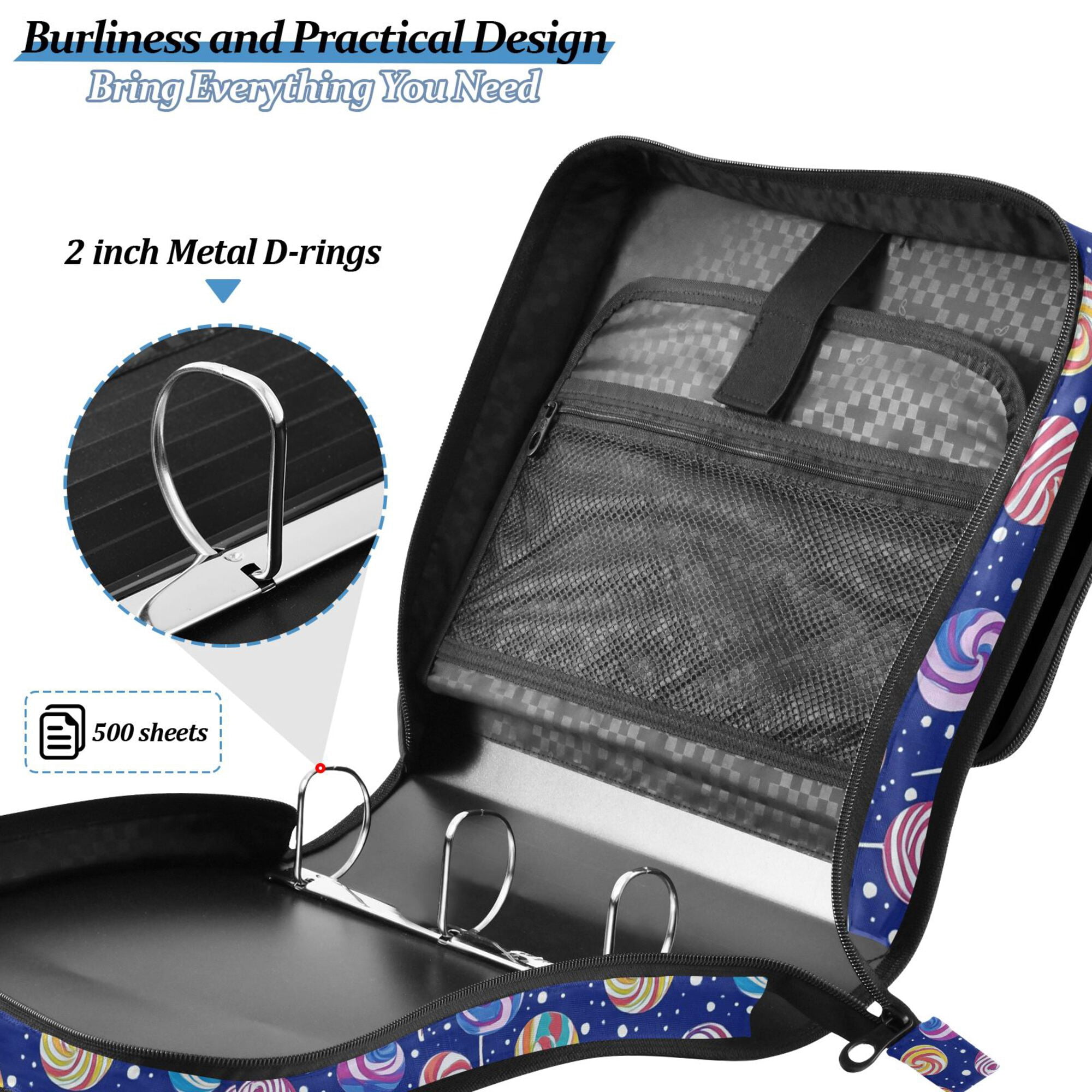 FORMRS Zipper Binder with Shoulder Strap 2-inch Ring 500 Sheet Capacity File Bag, Blue Colorful Candies