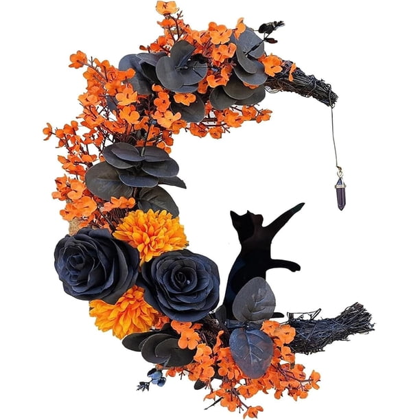2024 Nueva corona de Halloween, coronas de gato negro de luna de Halloween con luces, decoración del hogar para colgar, corona de gato negro de luna de flores, decoración de pared de fiesta para el ho