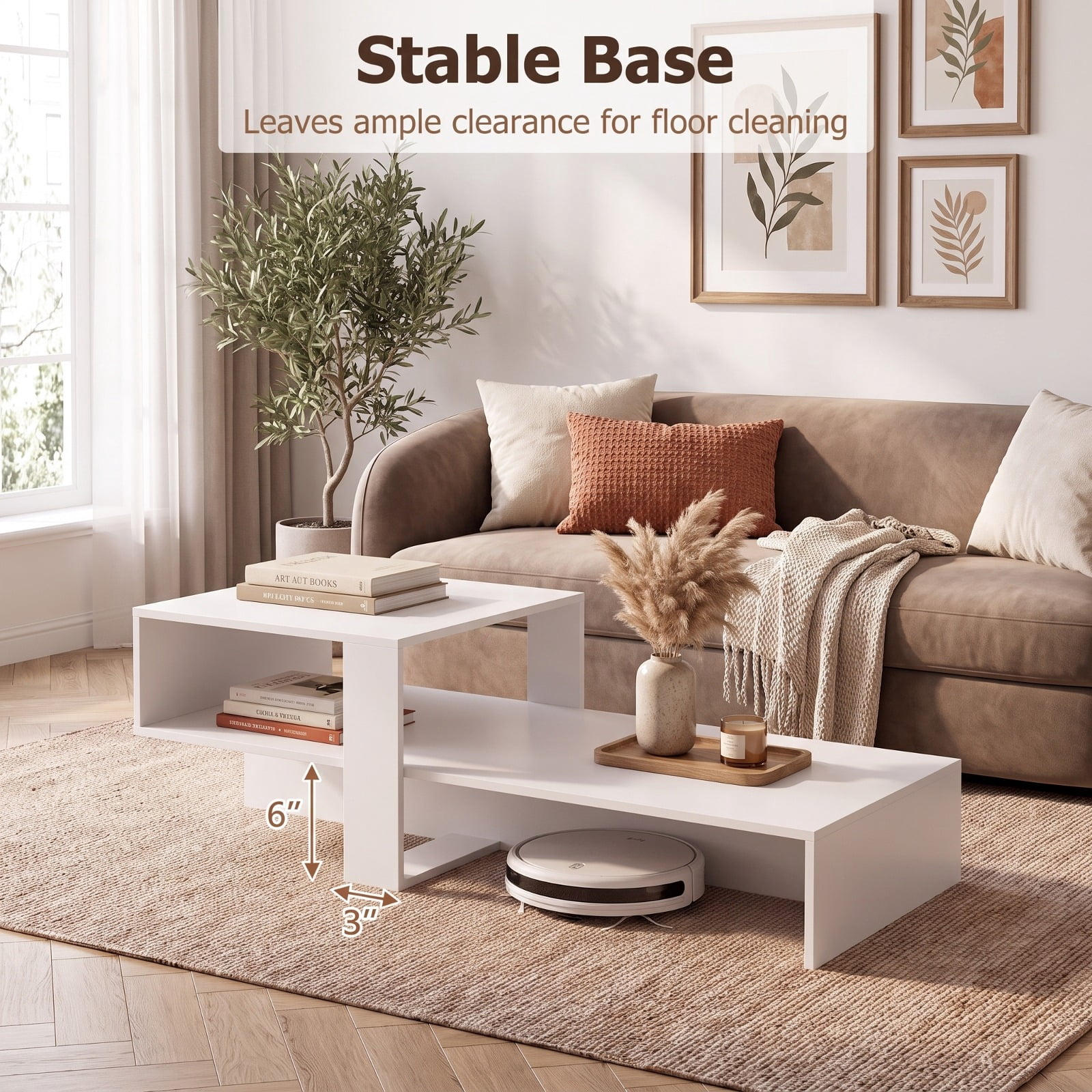 Furnibear 2 Tier Modern Irregular Coffee Table with Open Storage Shelf and Geometric Silhouette for Living Room for Home and Living Space, White