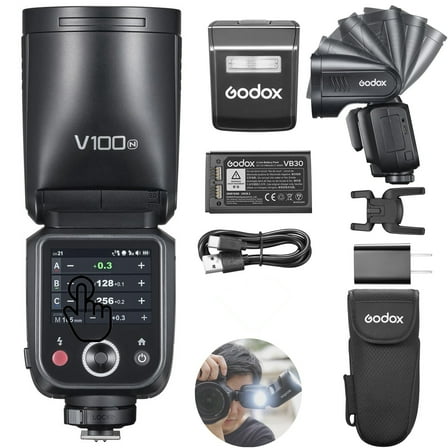 Godox V100 N V100-N 100Ws TTL Flash for Nikon Cameras, 400 Full Power Flashes, 1.7s Recycle Time, 2.4G Wireless with External Flash, HSS Speedlight, Touchscreen Flash (Godox V100-N USA Version)