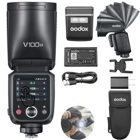 Godox V100 N V100-N 100Ws TTL Flash for Nikon Cameras, 400 Full Power Flashes, 1.7s Recycle Time, 2.4G Wireless with External Flash, HSS Speedlight, Touchscreen Flash (Godox V100-N USA Version)