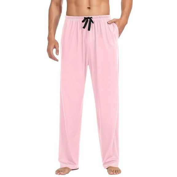 Cotton Mens PJ Pajama Pants Bottoms Waistband Sleepwear with Pockets Pale Pink