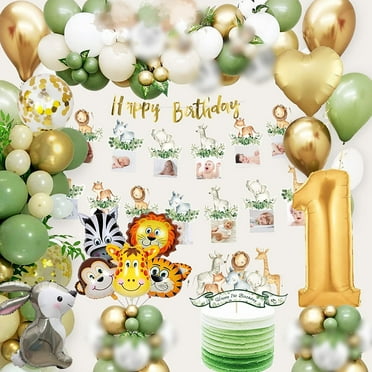 YANSION 1st Birthday Decorations Set, Sage Green Gold Wild One Birthday Balloon Decorations with Foil Number Balloons Banner, Jungle Safari Animals First Birthday Party Decorations for Kids