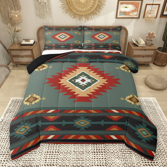 Manfei Green Square Aztec Bedding Comforter Set for Adult, Tribal Western Bohemian Twin Comforter Sets, Mandala Hippie Style Reversible Bedding Set, Luxury Bedroom Decor, 2 Pieces