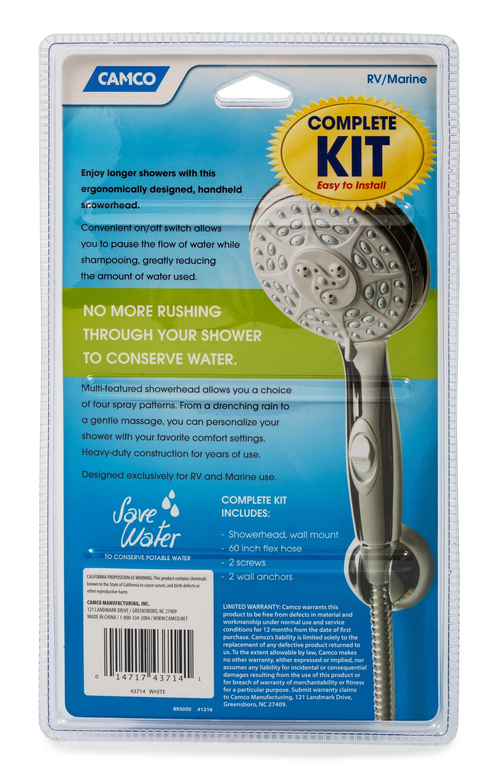 Camco RV Shower Head Kit with on/off Switch and 60-Inch Flexible Hose, White (43714)