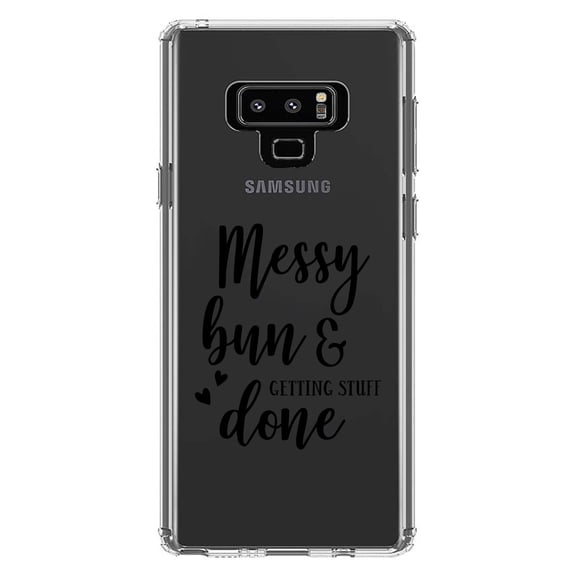 DistinctInk Clear Shockproof Hybrid Case for Samsung Galaxy Note 9 - TPU Bumper Acrylic Back Tempered Glass Screen Protector - Messy Bun & Getting Stuff Done
