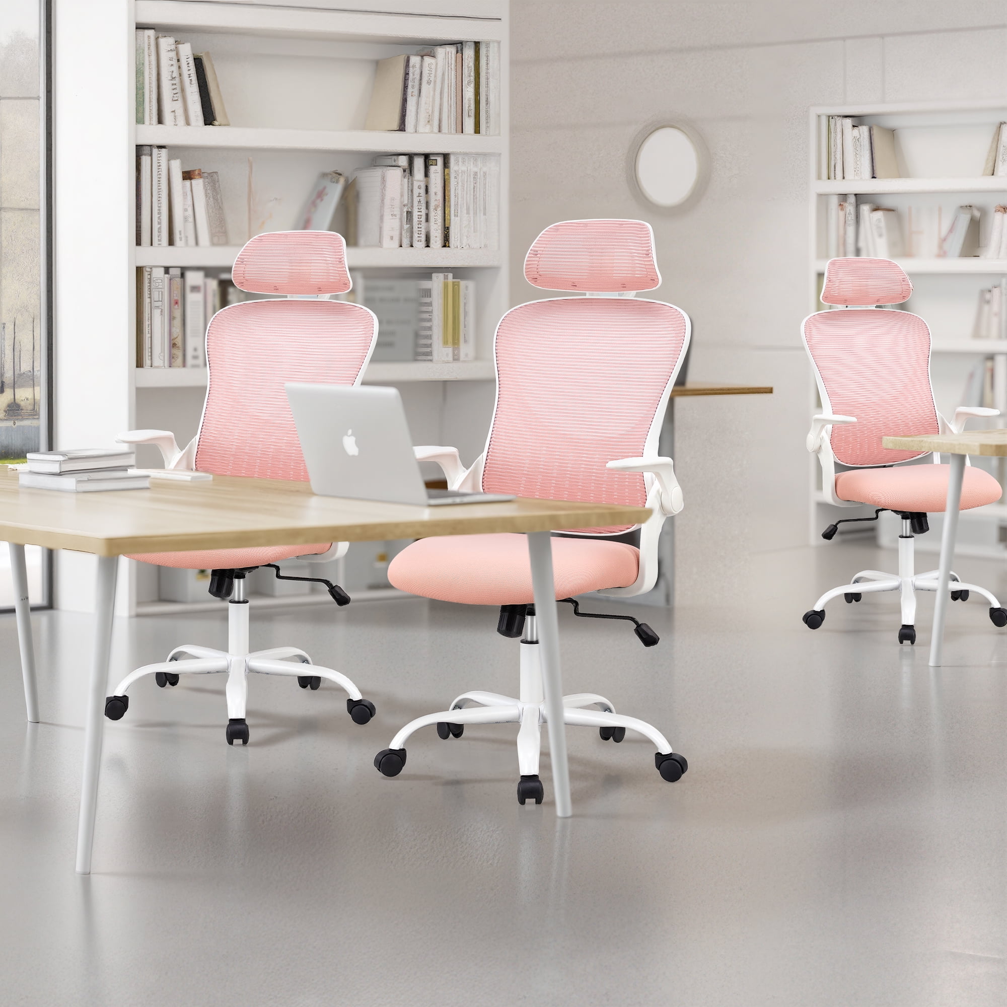 Ergonomic Office Desk Chair, High-Back Mesh Computer Chair with Adjustable Headrest, Lumbar Support, Flip-Up Armrests, Swivel Rolling Task Chair for Home Office, Pink