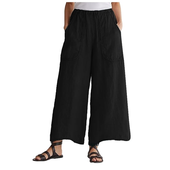 Women's Wide Leg Pants Cotton Linen Summer Casual Loose Fit Beach Palazzo Harem Pants with Pockets Black M