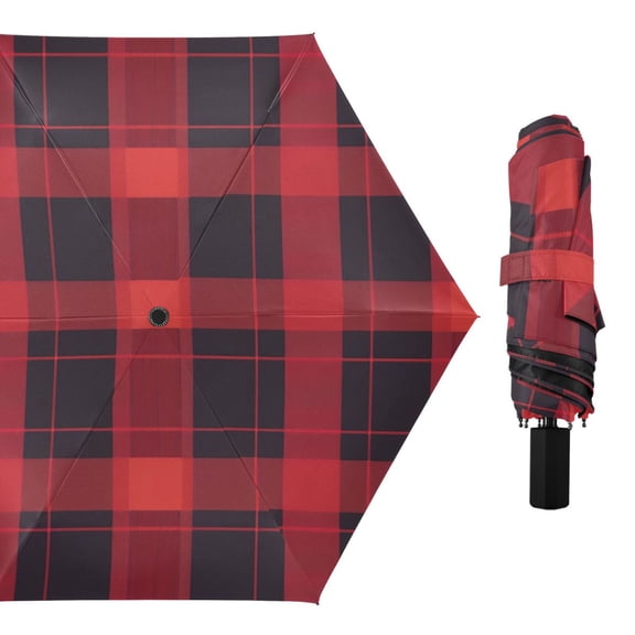 Red-black Plaid All Weather Umbrella Triple Folding Parasol 6 Ribs UV Protection Portable