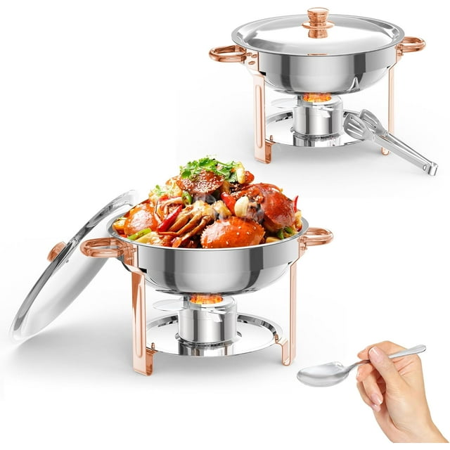 Twister.CK Ensemble de Plats Anti-Frottement pour Buffet, Lot de 2, Plats Ronds Anti-Frottement de 5 L, Réchaud à Alcool Amovible en Acier Inoxydable 201, pour Service au Buffet, Réchauds pour Fêtes, Événements des Fêtes et Traiteur