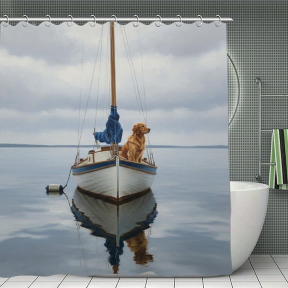 Golden Retriever Sea Captain Print Shower Curtain,Modern Fabric Waterproof Shower Curtain Set with Hooks,70.8×70.8Inch