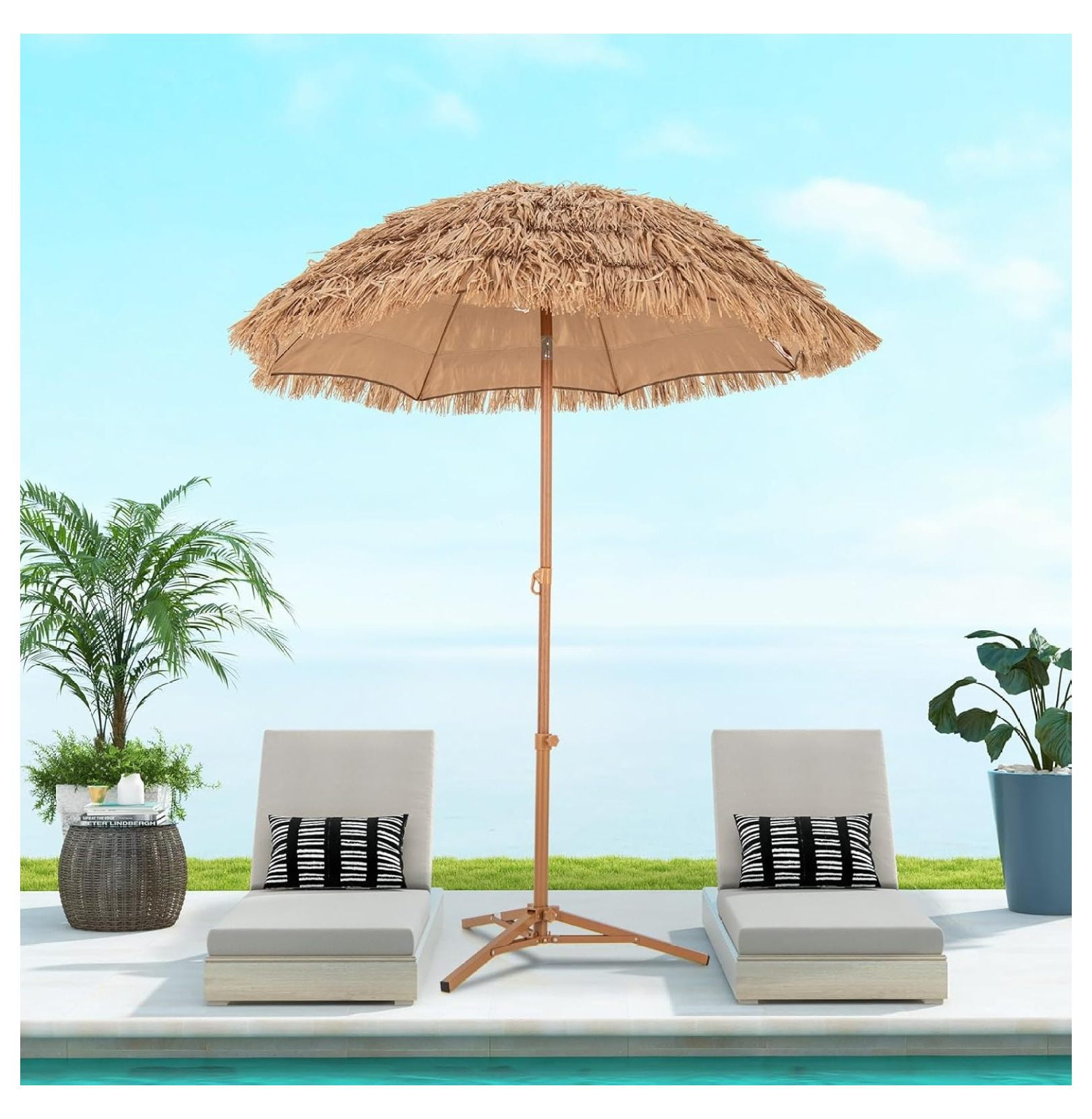 6.5FT Tiki Patio Umbrella with Base - Hawaiian Style Tilt Beach Umbrella w/8 Ribs, Foldable Stand, Carry Bag, Tropical Palapa Grass Pool Umbrellas, Hula Thatched Tiki Umbrella Outdoor Patio