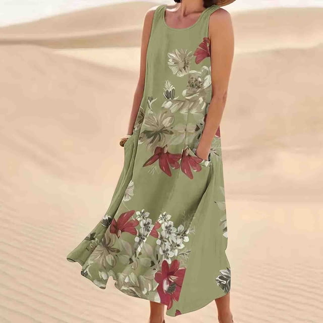Robes pour Femmes, Robe Longue Imprimée Sans Manches en Coton et Lin à Col Rond pour Femmes