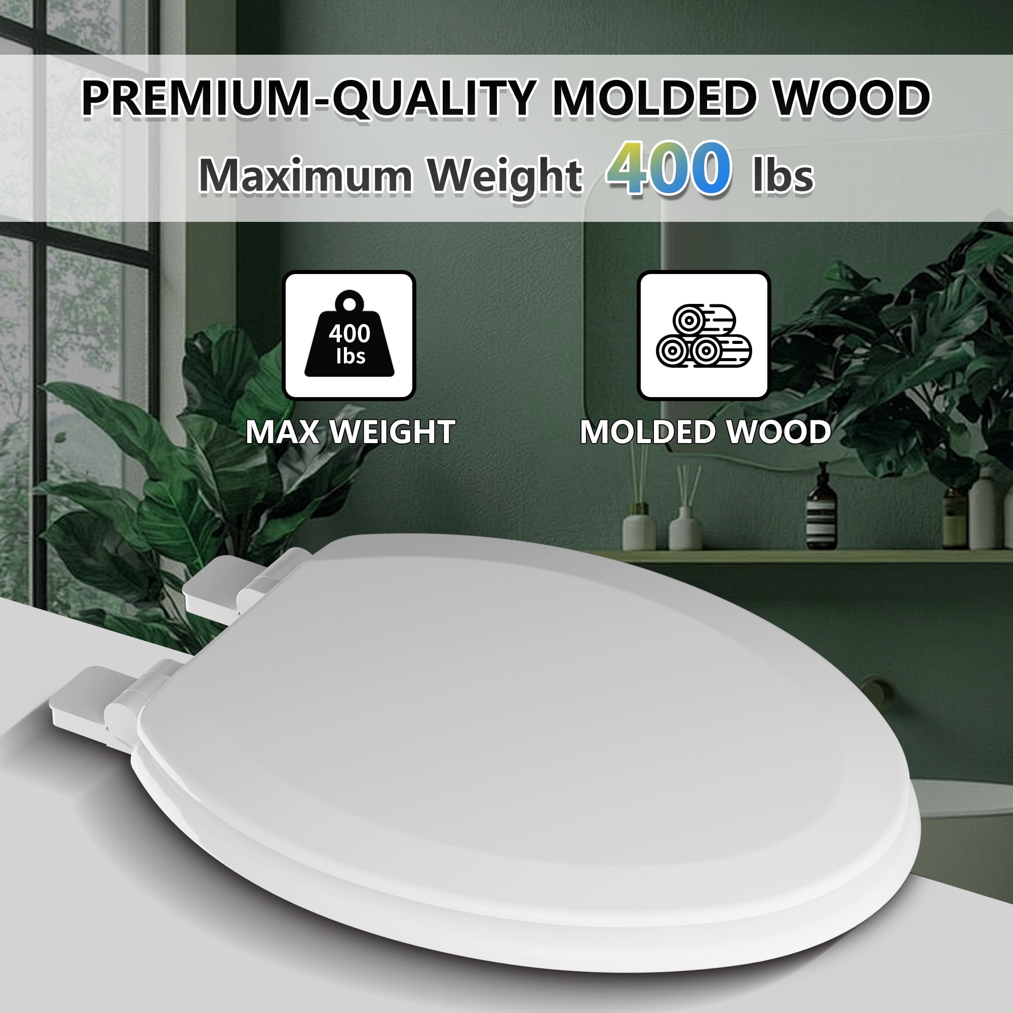 Angol Shiold Wood Toilet Seat with Non-Slip Adjustable Hinges, Quiet-Close ( White, Elongated 18.5'' )