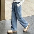 thumbnail image 6 of JUSLIO Girls Pants,Pull‑On Denim Pants Vintage Washed Flower Embroidered Relaxed Wide Leg Jeans for Kids Blue 3-4Years, 6 of 7