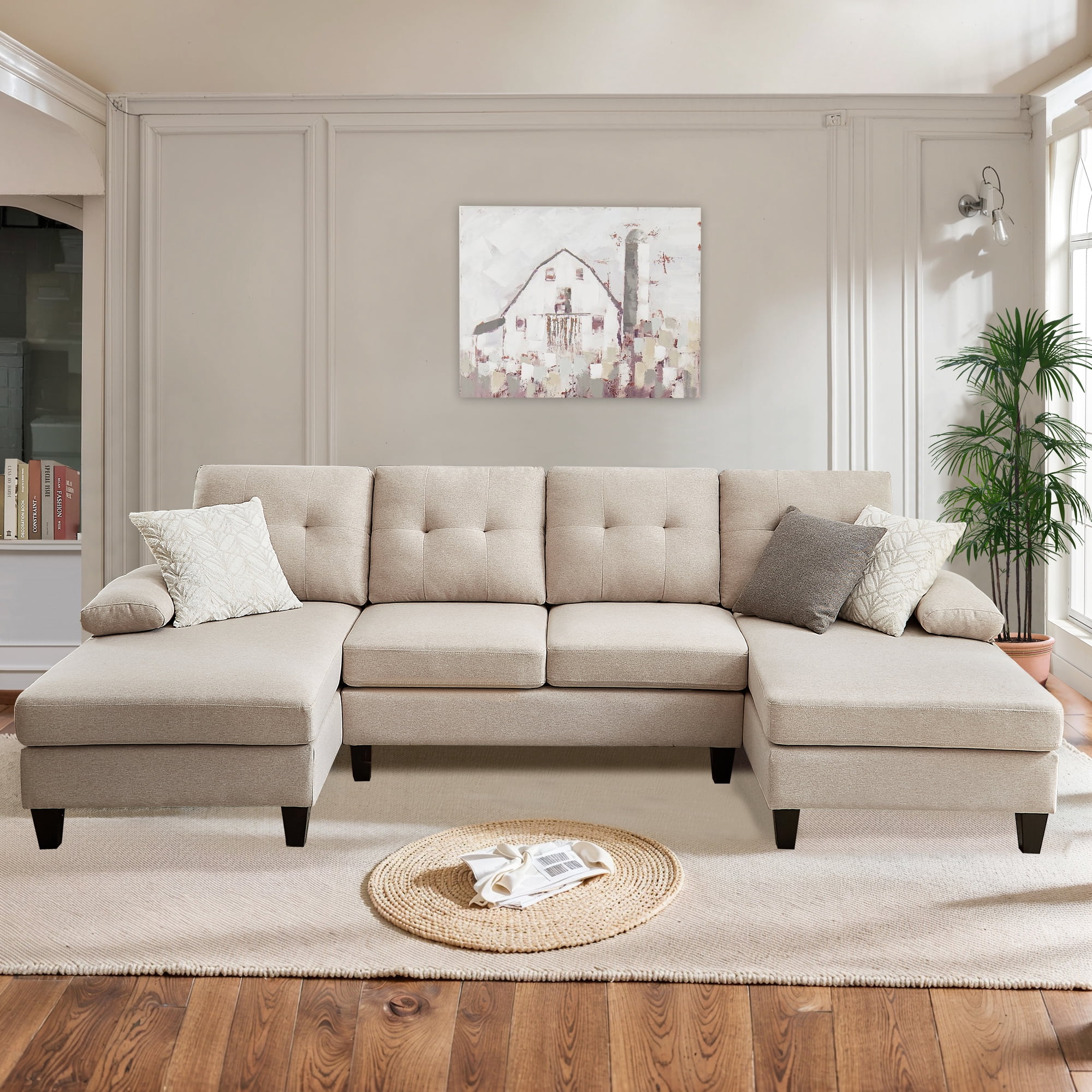 Soscana 105" Sectional Sofa U Shaped Couch with Double Chaises, Modern Linen Sofa Oversized 4 Seater Couch for Living Room, Apartment, Office, Studio
