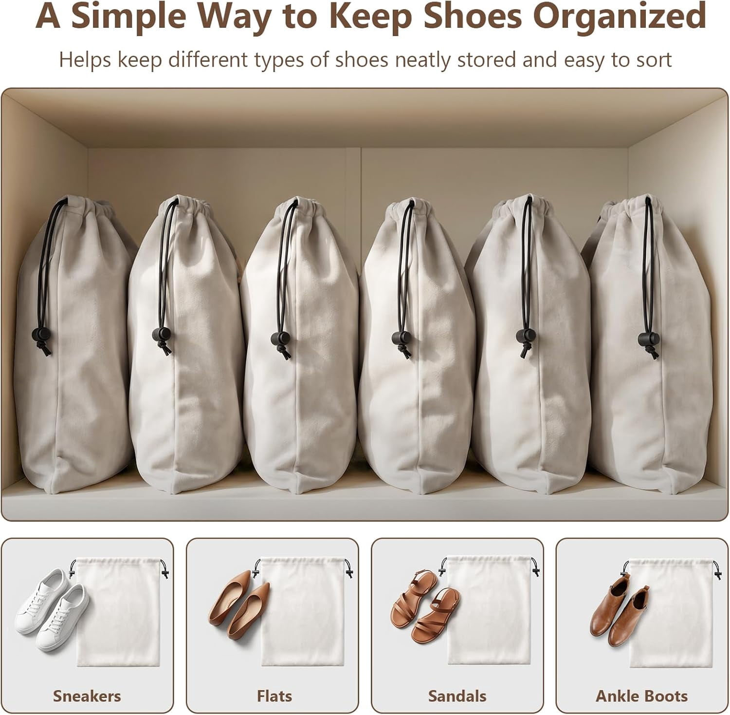 MERKFO Shoe Bags for Travel, 6-Pack Travel Shoe Bags for Luggage Packing and Closet Storage, 17.7" x 13.8" Flannel Shoe Packing Cubes with Drawstring Closure, Fits Up to US Men's Size 13, Beige