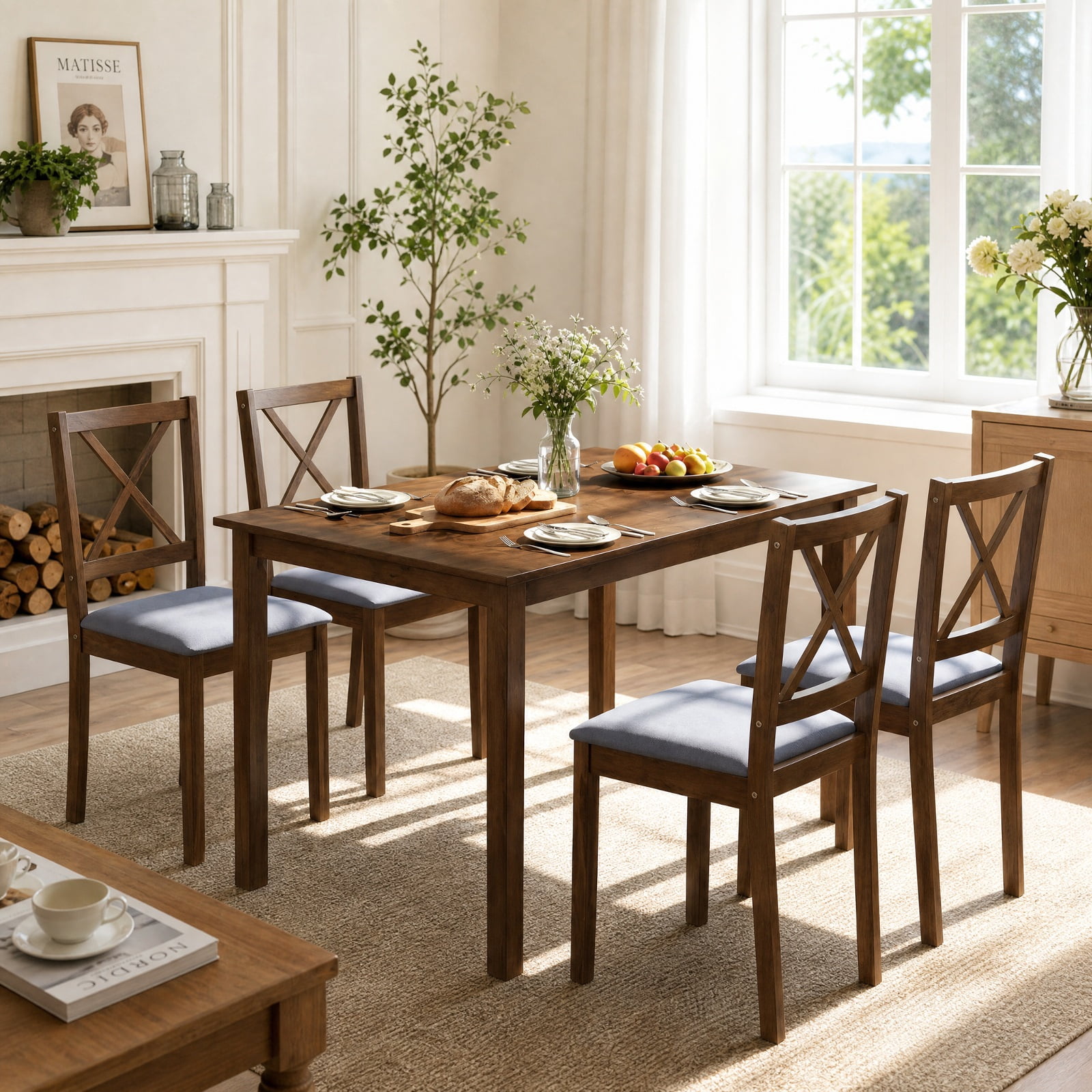 Furnibear 5 Piece Dining Table Set with Rectangular Table and Upholstered Fabric Kitchen Chairs for Dining Room Small Space Seating, Gray
