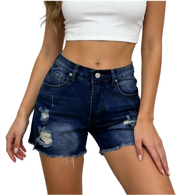 LLYWEY Shorts de Mezclilla Cortados para Mujer - Shorts de Mezclilla Ligeros, Desgastados y Rasgados de Cintura Alta con Bolsillos