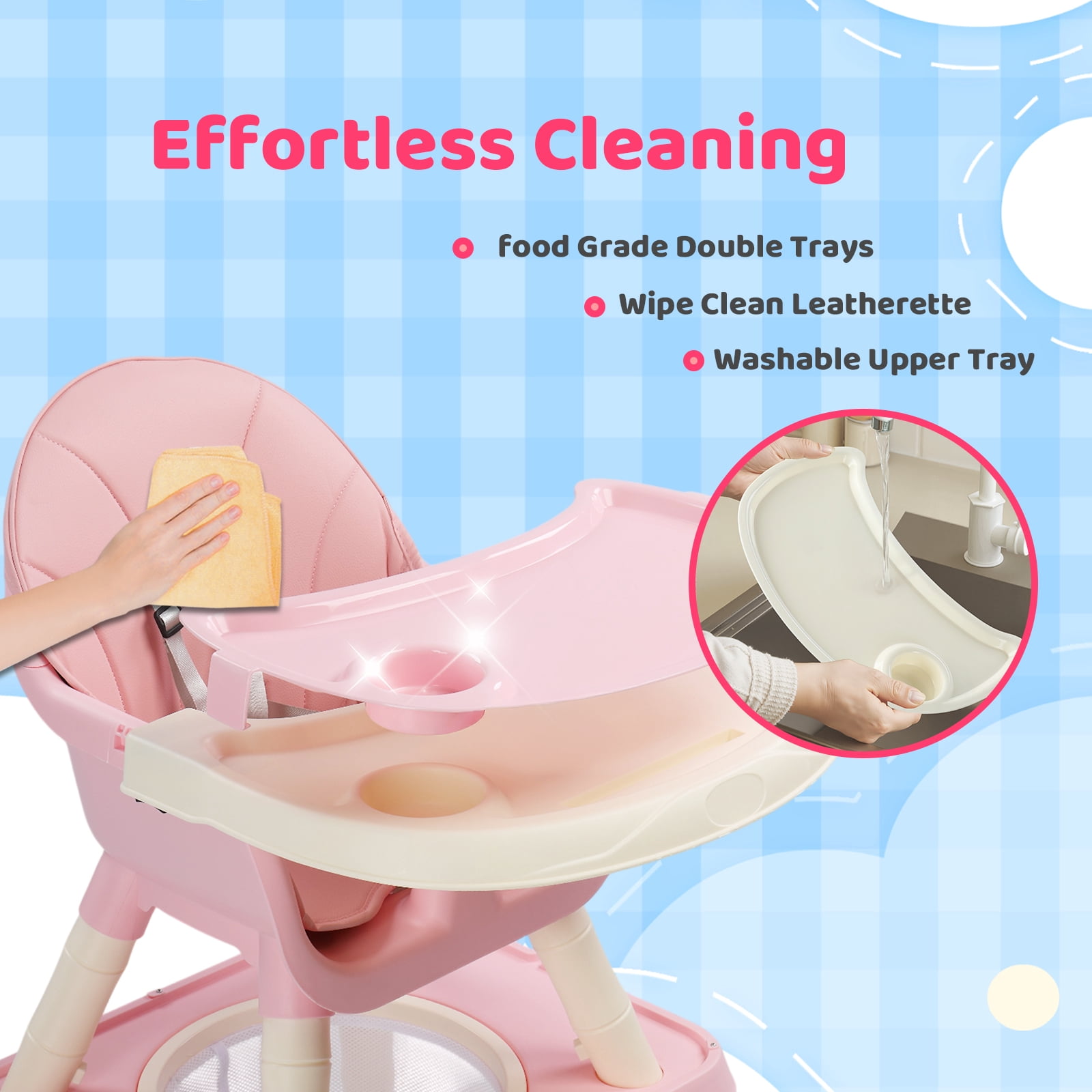 PEXMOR 7 in 1 Convertible Baby High Chair, Leather Cushion Eating Table Chair Set for Babies Toddlers, Pink