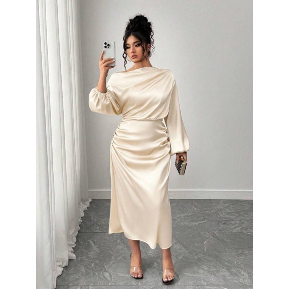 Apricot Satin Asymmetric Cowl Neck Ruched Waist A-Line Midi Dress