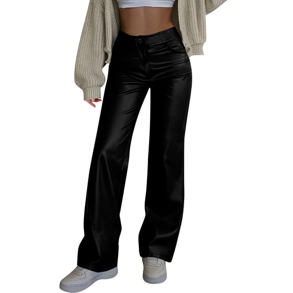 Women's High Waisted Straight Leg Leather Pants, PU Vegan Pleather Trousers with Pockets, Stretchy Faux Leather Pants for Casual, Club and Night Out Black L