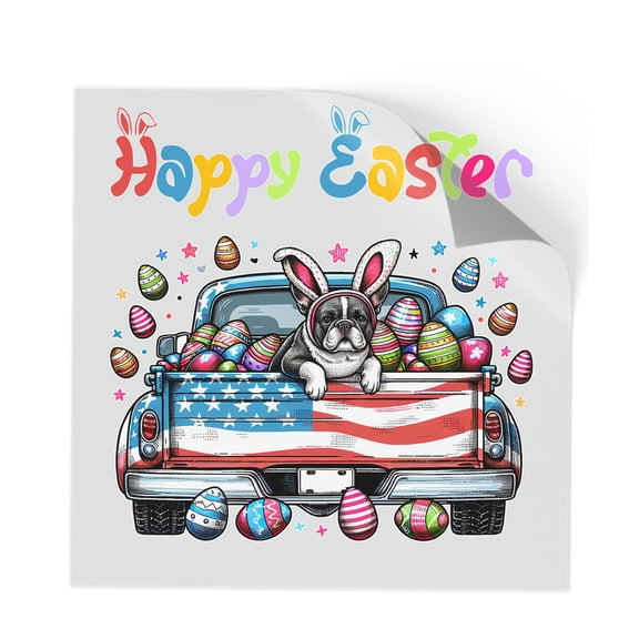 Happy Easter French Bulldog American Flag Truck Bunny Ears Cutout Transfer Sticker Dog Lover Gifts Transparent Decal Art Decor - 03001