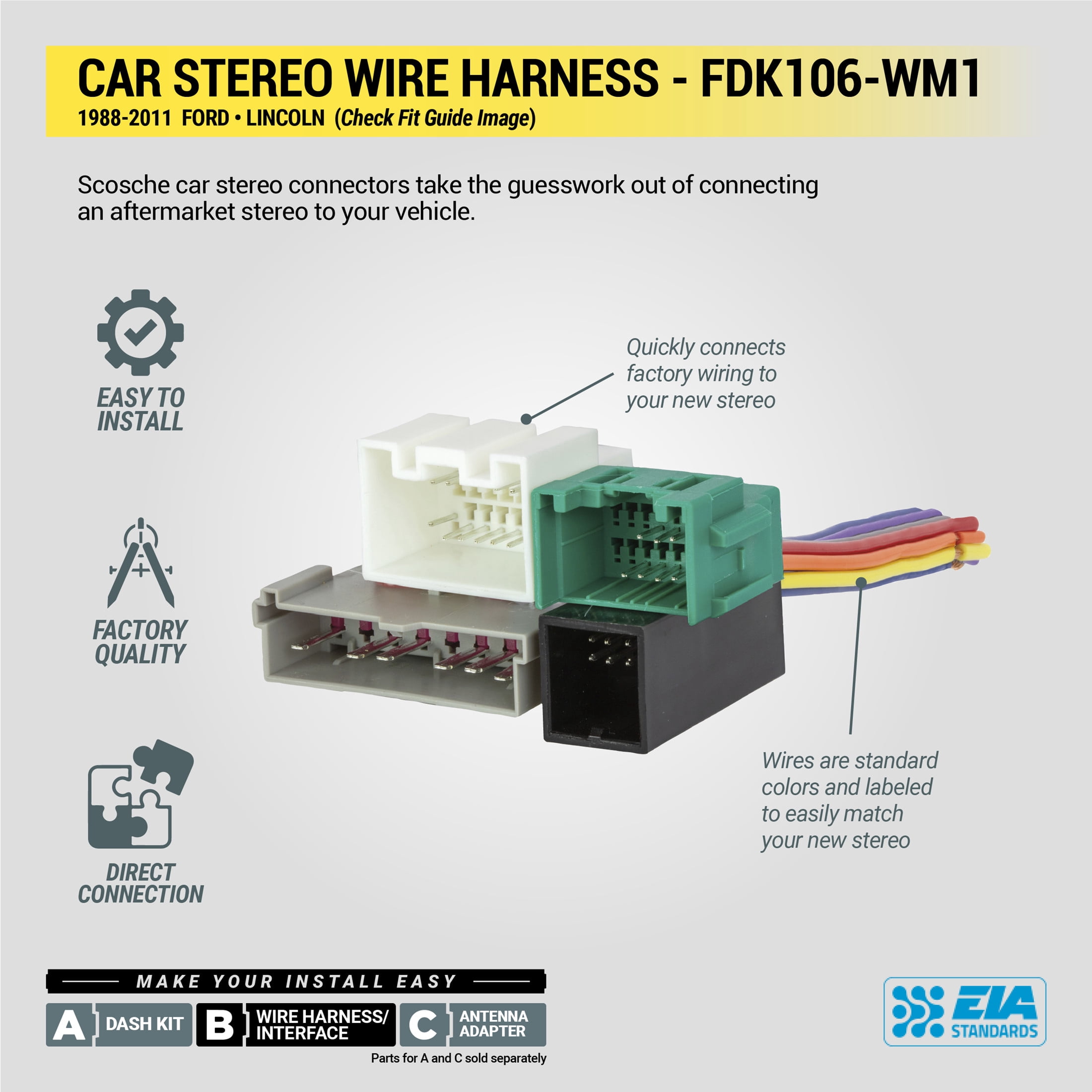 Scosche Wiring Harness Compatible w/ Select 1988-11 Ford, Lincoln, Mazda, Mercury & Nissan FDK106-WM1SD