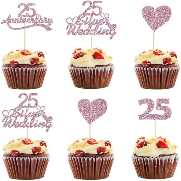 12pcs 25th Anniversary Cupcake Toppers Pink Glitter 25th Wedding Anniversary Heart Cake Decorations for 25 Silver Wedding Party Supplies Cake Decoration Anniversary Supplies