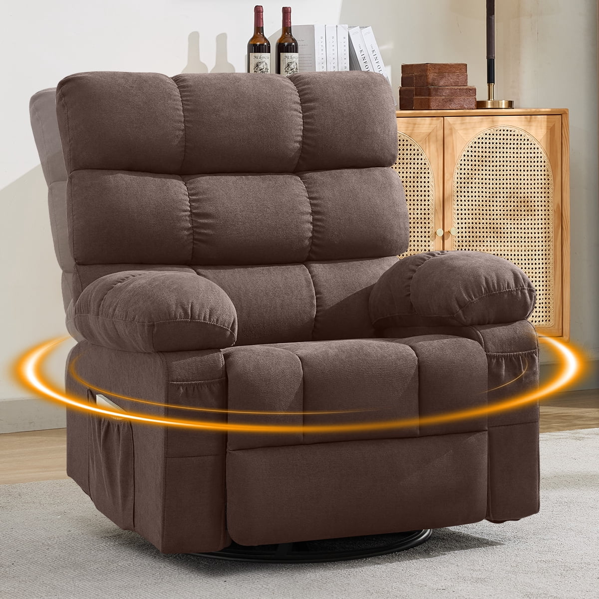 360° Swivel Manual Rocker Recliner Chair with Side and Front Pockets