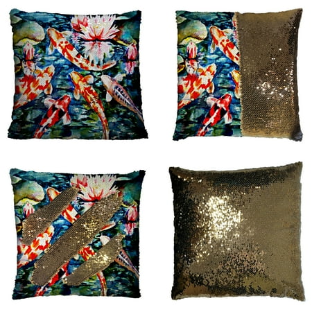 GCKG Koi Fish Reversible Mermaid Sequin Pillow Case Home Decor Cushion Cover 16x16 inches