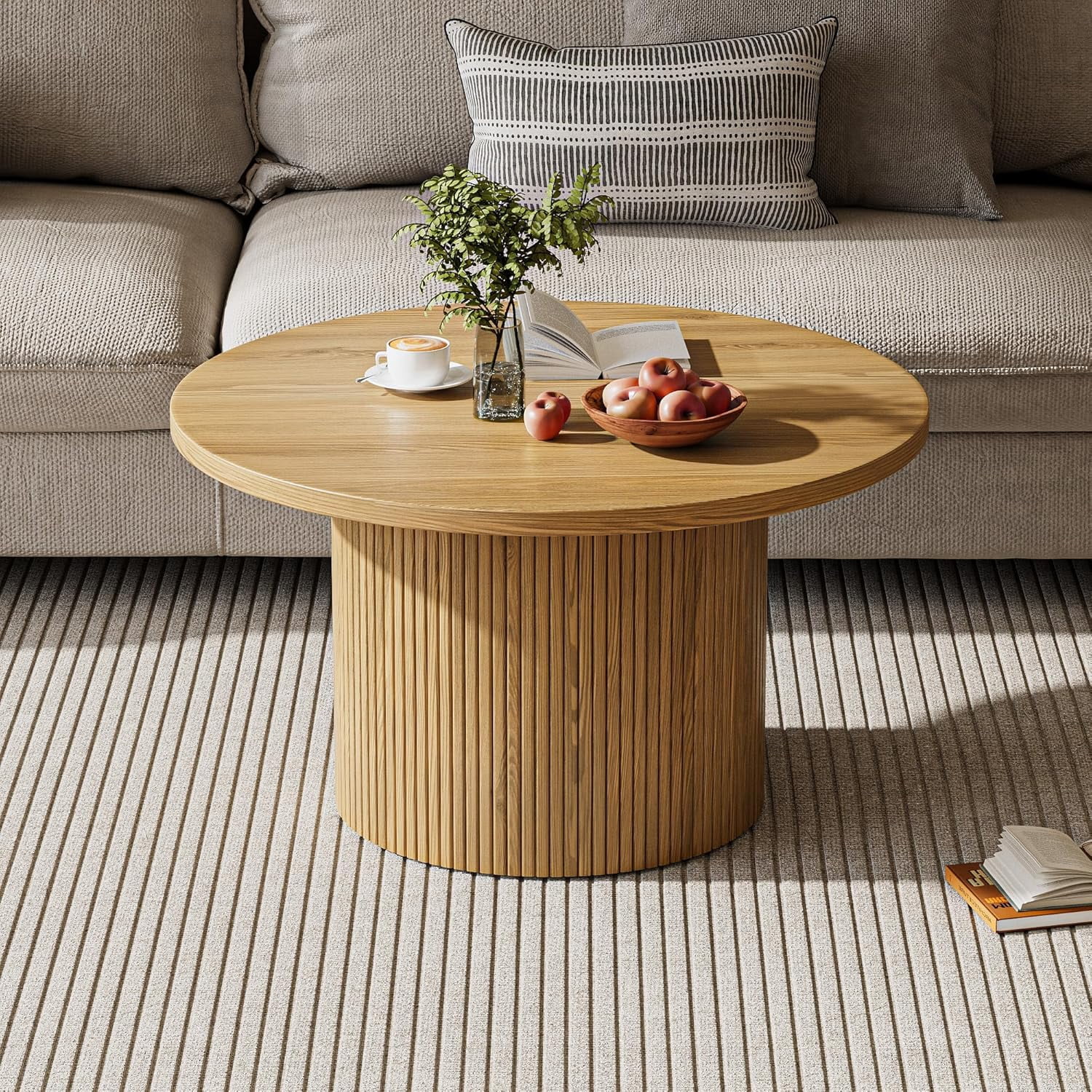FURNIWAY Round Coffee Table with Storage, 35" Coffee Tables for Living Room, Circle Wood Accent Center Table for Apartment, Oak