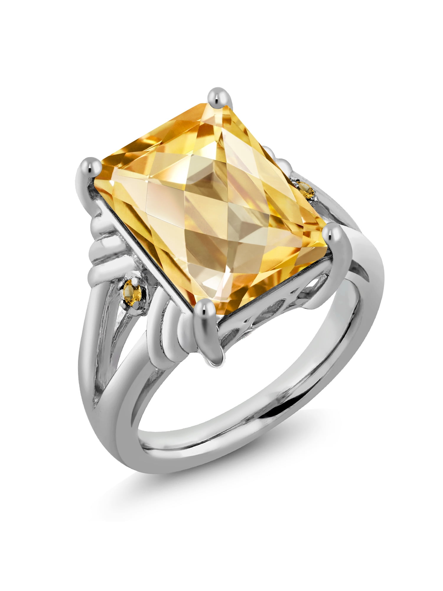 Yellow Gold Plated 925 Sterling Silver Checkerboard Cut Citrine Gemstone Ring 