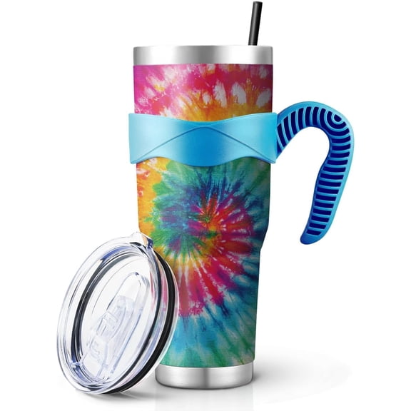 40oz Colorful Tie-dyed Tumbler with Handle Large Insulated Tumblers with Straw and Lid Reusable Stainless Steel Coffee Cup Travel Mug for Hot and Cold Drinks Gift for Women