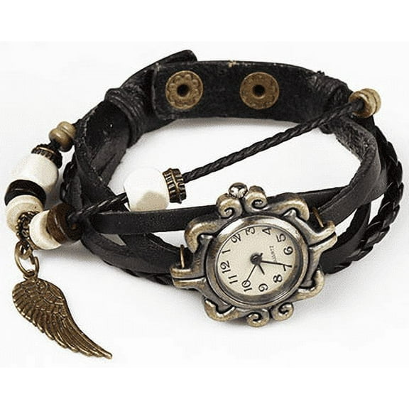 Handmade Leather Angel Wing Womens Watch, Black