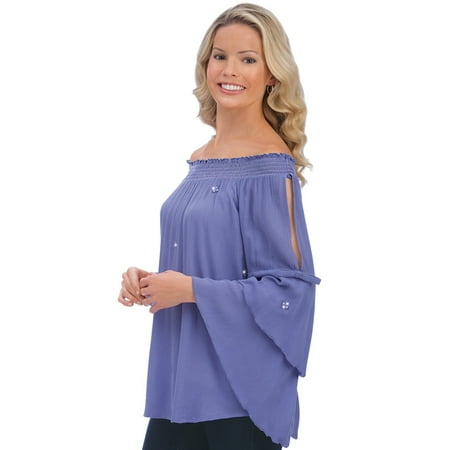 Rayon Woven Shirt - women's woven rayon crepe convertible neckline cutout bell sleeve top, medium, white