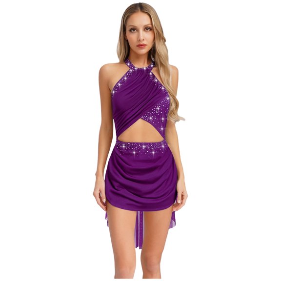 Linjinx Sparkly Rhinestone Leotard Lyrical Dance Dress for Womens Cutout Strappy Backless Dance Dress Purple XL