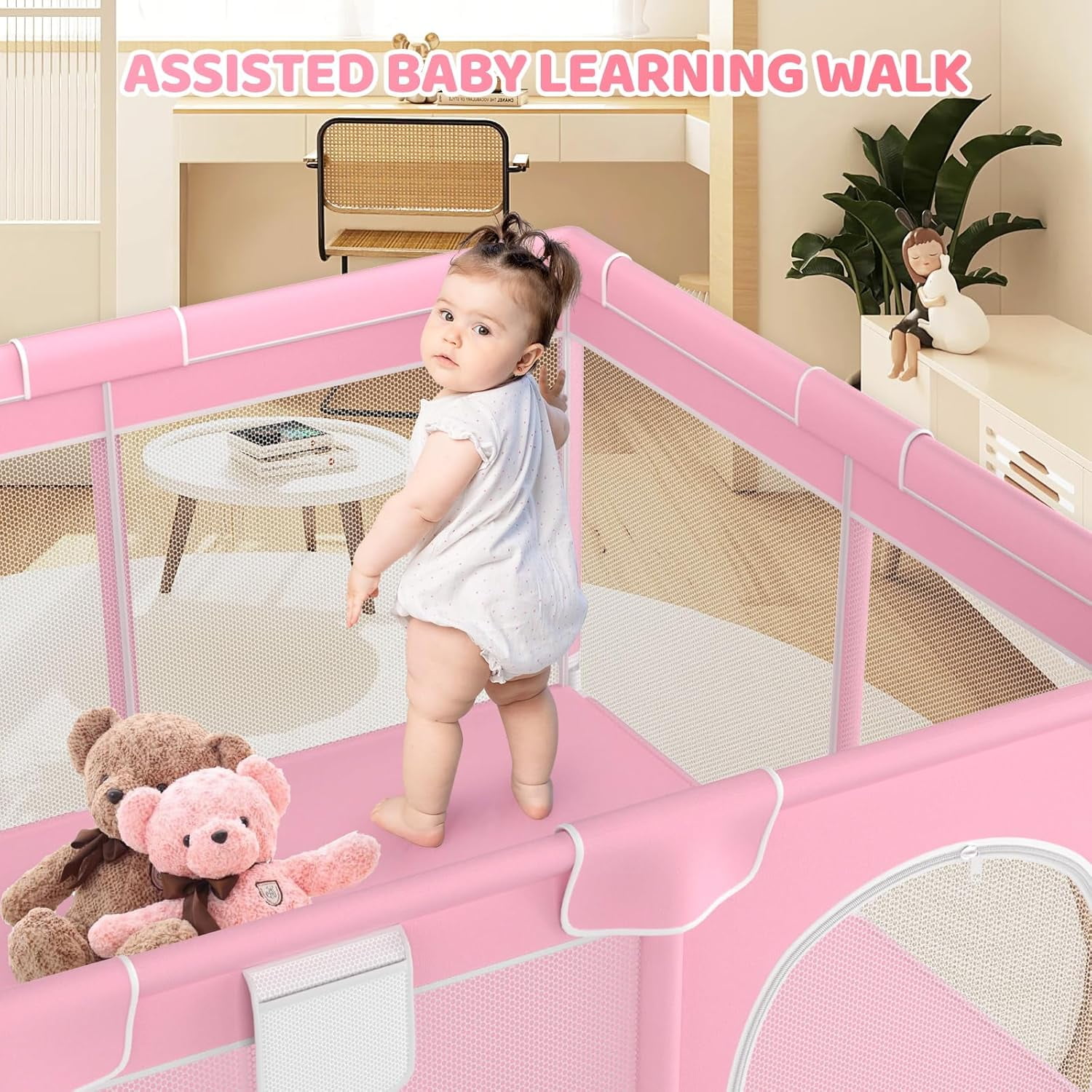 kmaier Baby Play Yards, 360° Visibility Baby Playpen, Sturdy Secure, Large Tourist Fence for Toddler-Pink