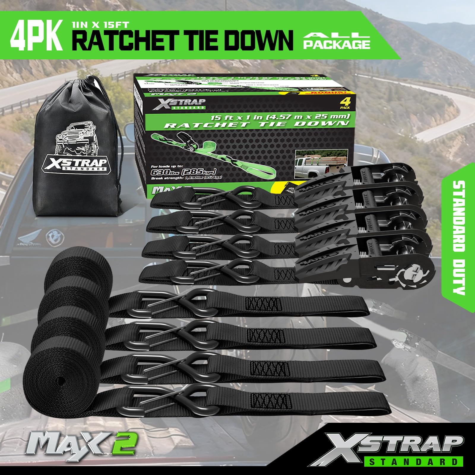 XSTRAP STANDARD Motorcycle Ratchet Tie Down Straps - 4 Pk 1'' x 15 Ft 1890 Lbs Break Strength-Cargo Straps with Integrated Soft Loops, Padded Handles & Coated Safety Clip for Motorcycle, Truck(Black)