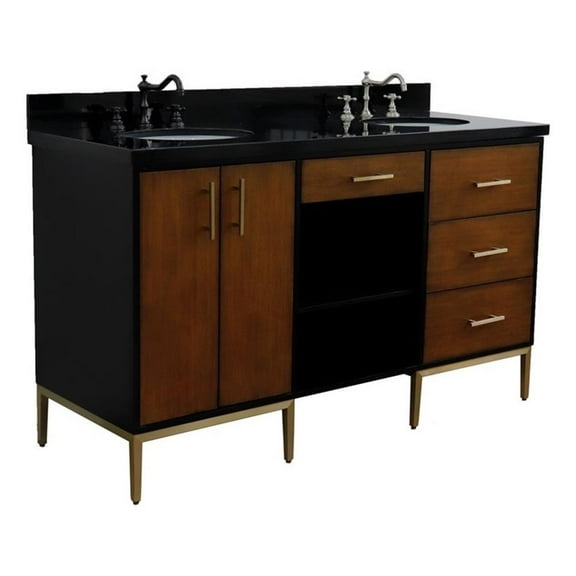 61 in. Double Wooden Vanity Walnut Black Black Galaxy Granite Oval Sink