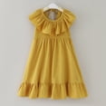 thumbnail image 2 of Sngxgn Girls Ruffle Trim Dress Print and Solid Color A-line Swing Flared Belted Casual Party Dress(Yellow,120), 2 of 7