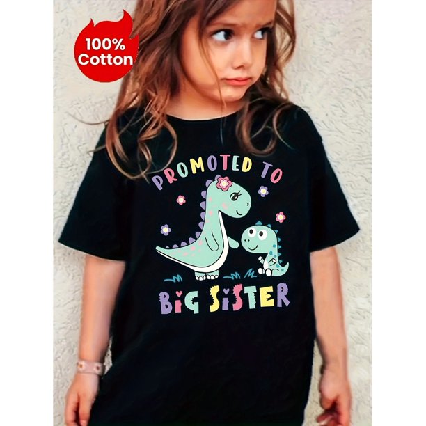 Camiseta de algodón con estampado de dinosaurio "Big Sister" para niña: bonita y cómoda camiseta de manga corta con cuello redondo, el regalo perfecto para el verano.