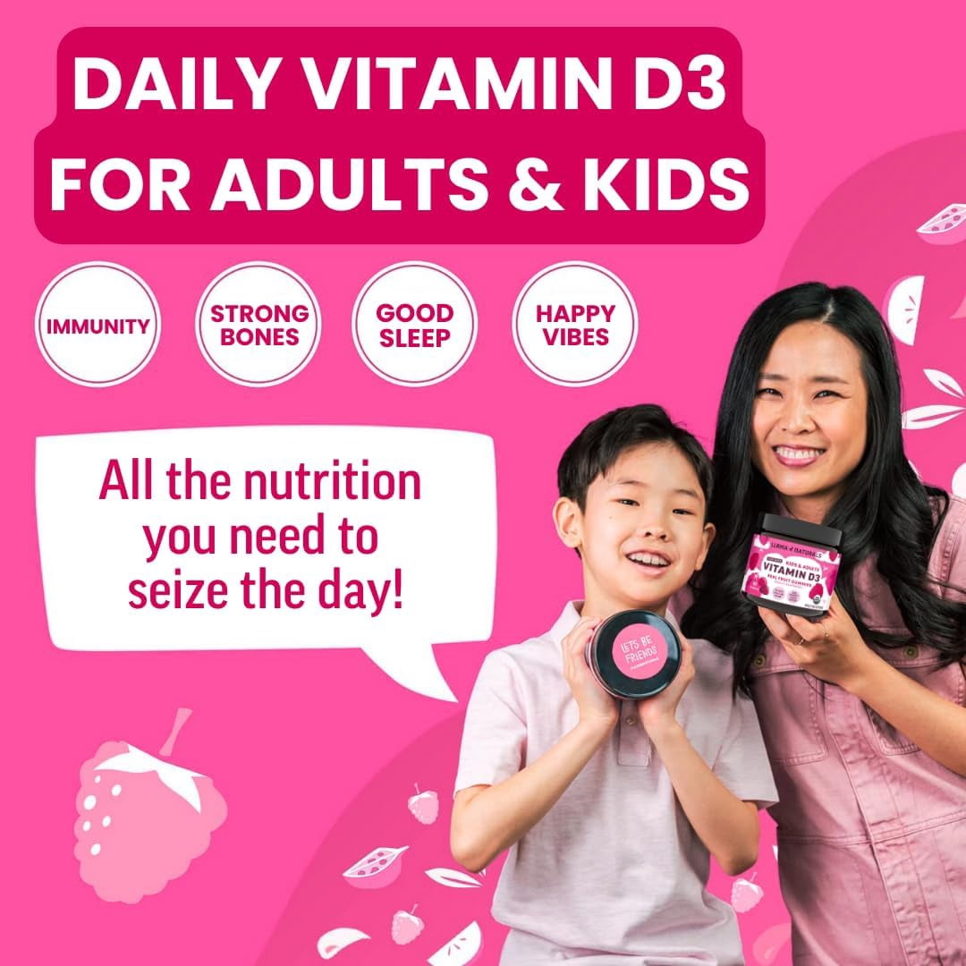 Llama Naturals Vitamin D3, Vegan, Organic Immune Support Supplement, Vitamin D Gummies for Adults and Kids, Real Fruit Gummy Vitamins, Promotes Bone Health, No Added Sugar Cane, Raspberry, 60 Ct